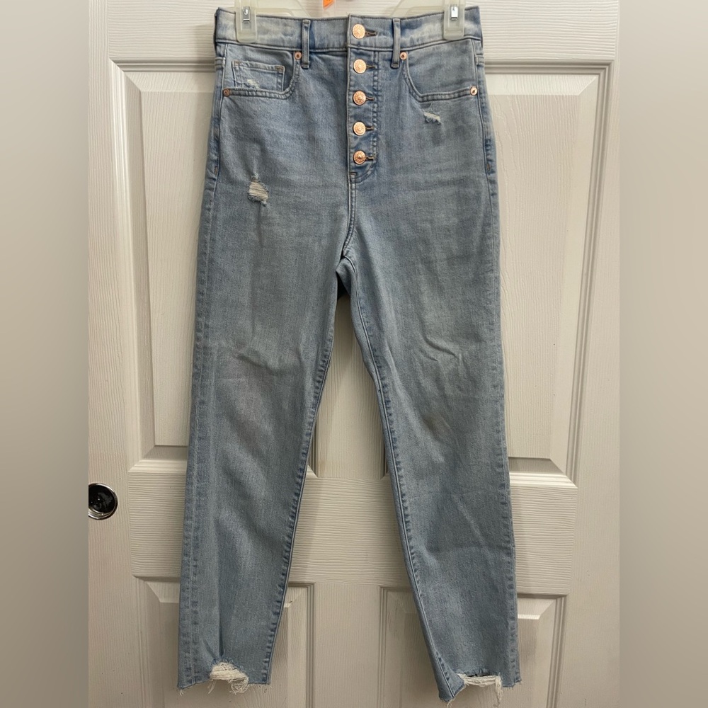 Express High-Rise Distressed Light Blue Jeans